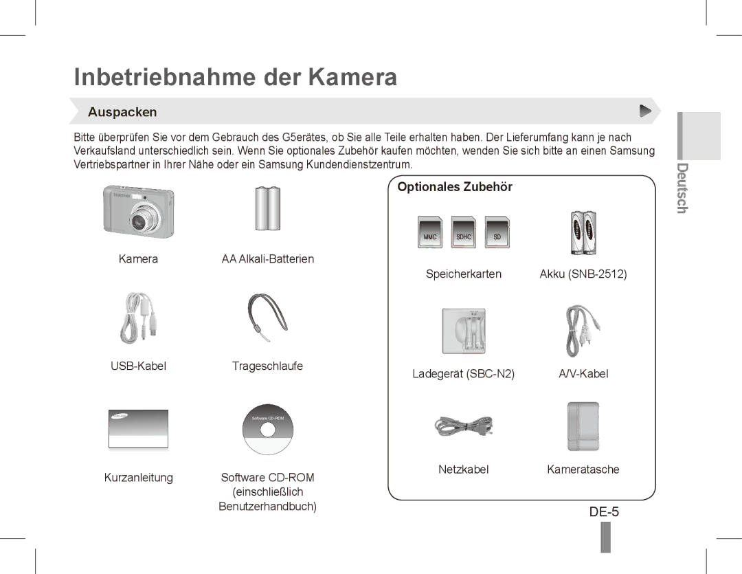 Samsung EC-ES10ZBBA/ZA, EC-ES10ZBBA/FR, EC-ES10ZWBA/FR manual Inbetriebnahme der Kamera, DE-5, Auspacken, Optionales Zubehör 