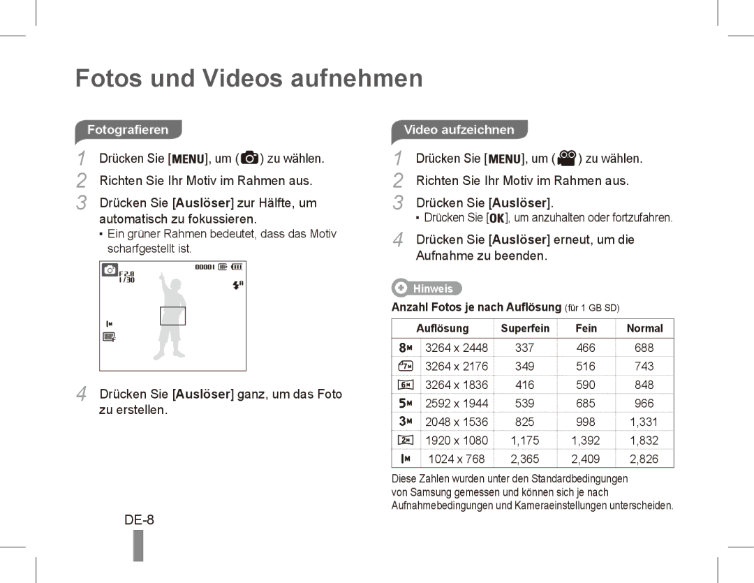 Samsung EC-ES10ZSBA/SA manual Fotos und Videos aufnehmen, DE-8, Drücken Sie Um zu wählen, Automatisch zu fokussieren 