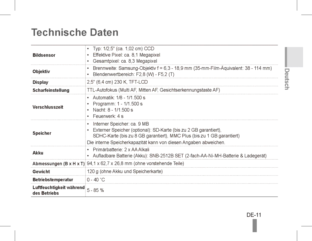 Samsung EC-ES10ZPDA/AE, EC-ES10ZBBA/FR, EC-ES10ZWBA/FR Technische Daten, DE-11, Gewicht, Betriebstemperatur, Des Betriebs 