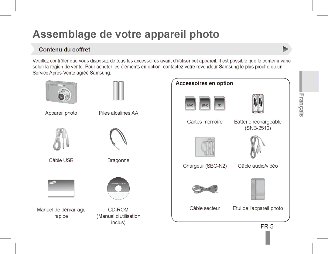 Samsung EC-ES10ZPBP/VN, EC-ES10ZBBA/FR Assemblage de votre appareil photo, FR-5, Contenu du coffret, Accessoires en option 