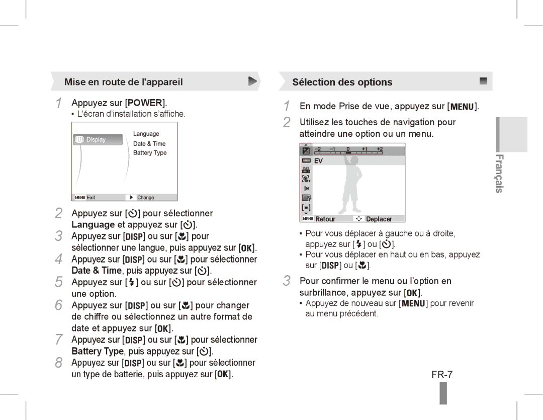 Samsung EC-ES10ZSBP/VN, EC-ES10ZBBA/FR, EC-ES10ZWBA/FR manual Sélection des options, FR-7, Mise en route de lappareil 