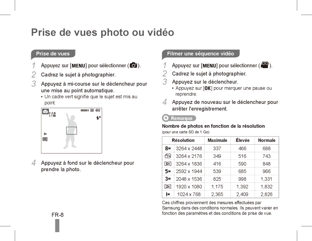 Samsung EC-ES10ZSBA/E3, EC-ES10ZBBA/FR, EC-ES10ZWBA/FR, EC-ES10ZPBA/FR, EC-ES10ZSBA/FR Prise de vues photo ou vidéo, FR-8 