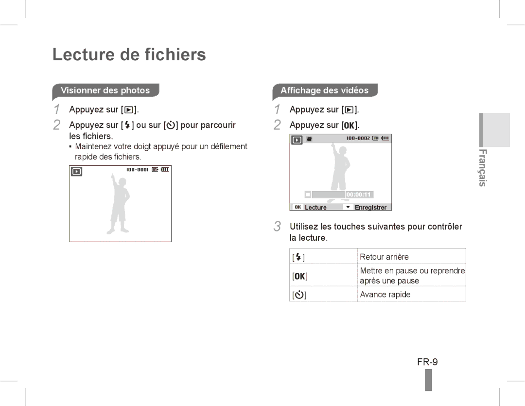 Samsung EC-ES10ZWBA/E3 manual Lecture de fichiers, FR-9, Appuyez sur Ou sur pour parcourir Les fichiers, La lecture 