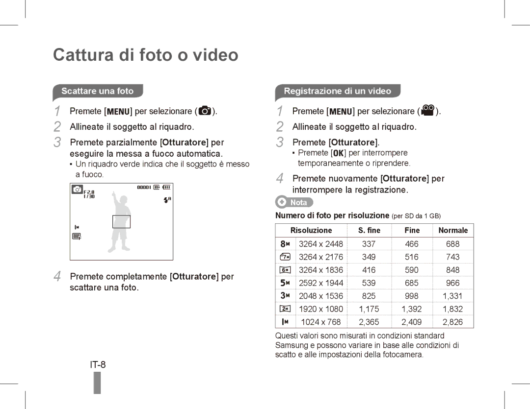 Samsung EC-ES10ZPBA/IL, EC-ES10ZBBA/FR, EC-ES10ZWBA/FR, EC-ES10ZPBA/FR, EC-ES10ZSBA/FR manual Cattura di foto o video, IT-8 