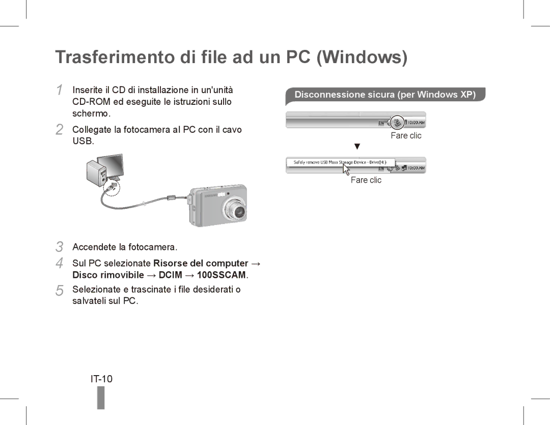 Samsung EC-ES10ZBBA/IL, EC-ES10ZBBA/FR Trasferimento di file ad un PC Windows, IT-10, Disco rimovibile → Dcim → 100SSCAM 