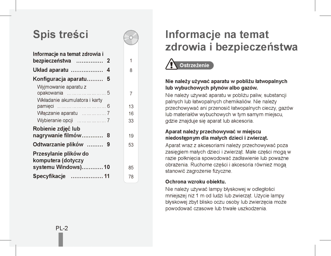 Samsung EC-ES10ZWBA/FR, EC-ES10ZBBA/FR manual Spis treści, Informacje na temat zdrowia i bezpieczeństwa, PL-2, Ostrzeżenie 