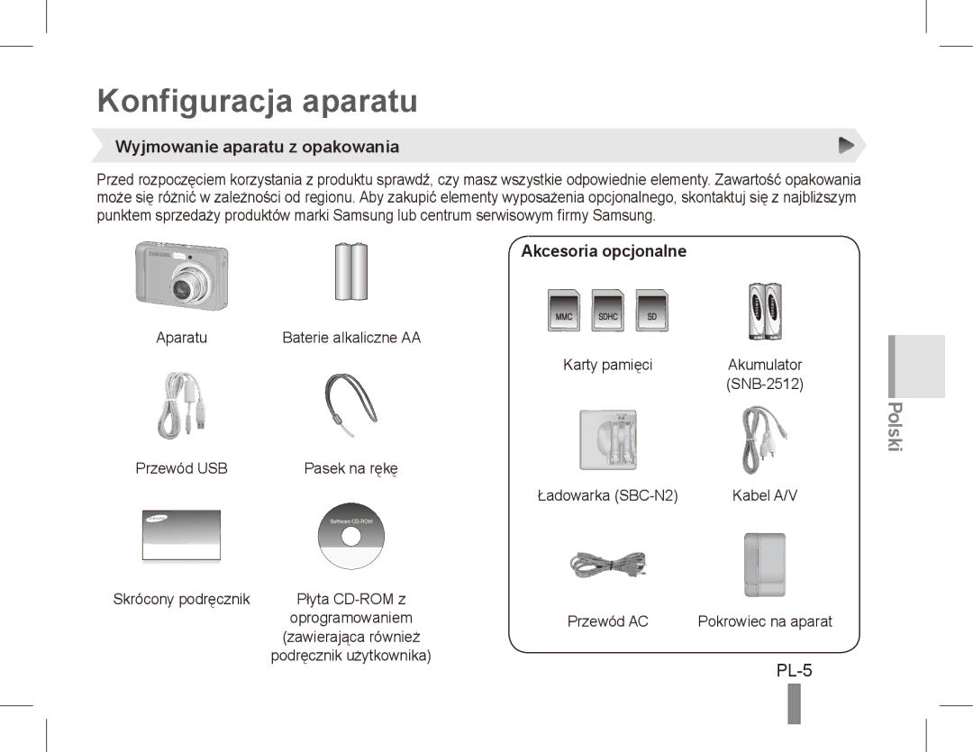 Samsung EC-ES10ZSBA/IT, EC-ES10ZBBA/FR Konfiguracja aparatu, PL-5, Wyjmowanie aparatu z opakowania, Akcesoria opcjonalne 