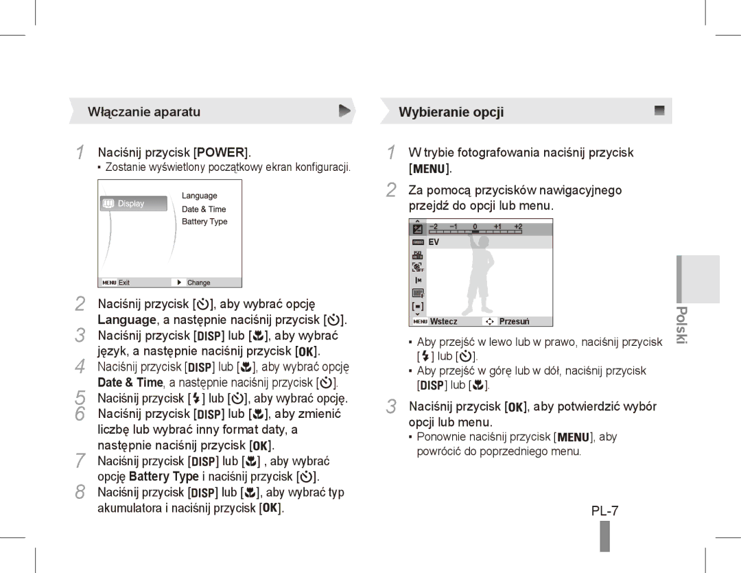 Samsung EC-ES10ZPBA/E1, EC-ES10ZBBA/FR manual Wybieranie opcji, PL-7, Polski, Włączanie aparatu, Naciśnij przycisk Power 