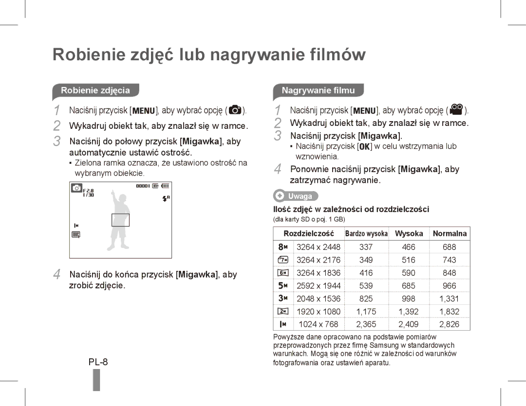 Samsung EC-ES10ZWBA/ZA, EC-ES10ZBBA/FR, EC-ES10ZWBA/FR manual Robienie zdjęć lub nagrywanie filmów, PL-8, Nagrywanie filmu 