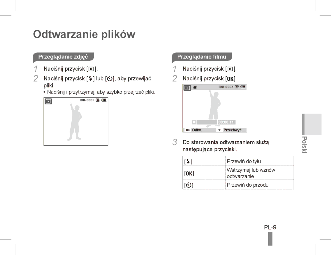 Samsung EC-ES10ZSBA/ZA, EC-ES10ZBBA/FR, EC-ES10ZWBA/FR, EC-ES10ZPBA/FR manual Odtwarzanie plików, PL-9, Przeglądanie filmu 