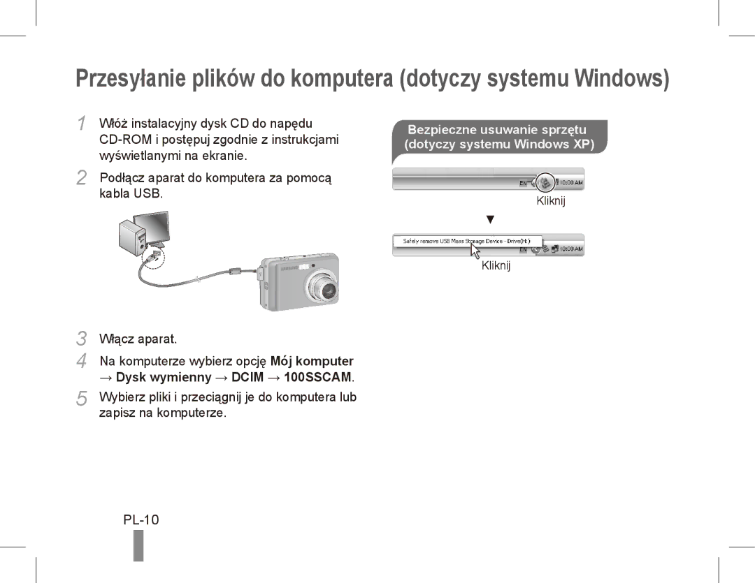 Samsung EC-ES10ZWBA/ES PL-10, Bezpieczne usuwanie sprzętu dotyczy systemu Windows XP, → Dysk wymienny → Dcim → 100SSCAM 