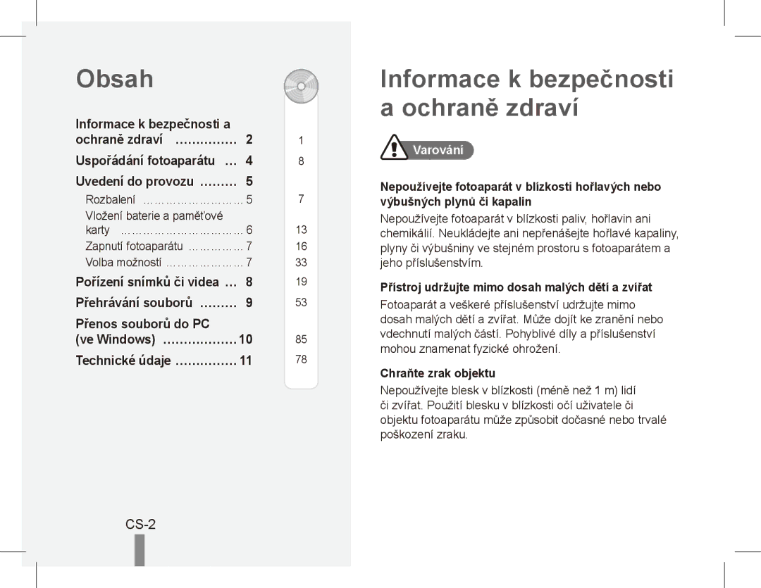 Samsung EC-ES10ZBBA/E1, EC-ES10ZBBA/FR manual Obsah, Informace k bezpečnosti a ochraně zdraví, CS-2, Přenos souborů do PC 