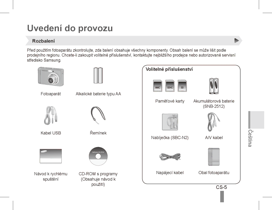 Samsung EC-ES10ZPBA/ES, EC-ES10ZBBA/FR, EC-ES10ZWBA/FR manual Uvedení do provozu, CS-5, Rozbalení, Volitelné příslušenství 