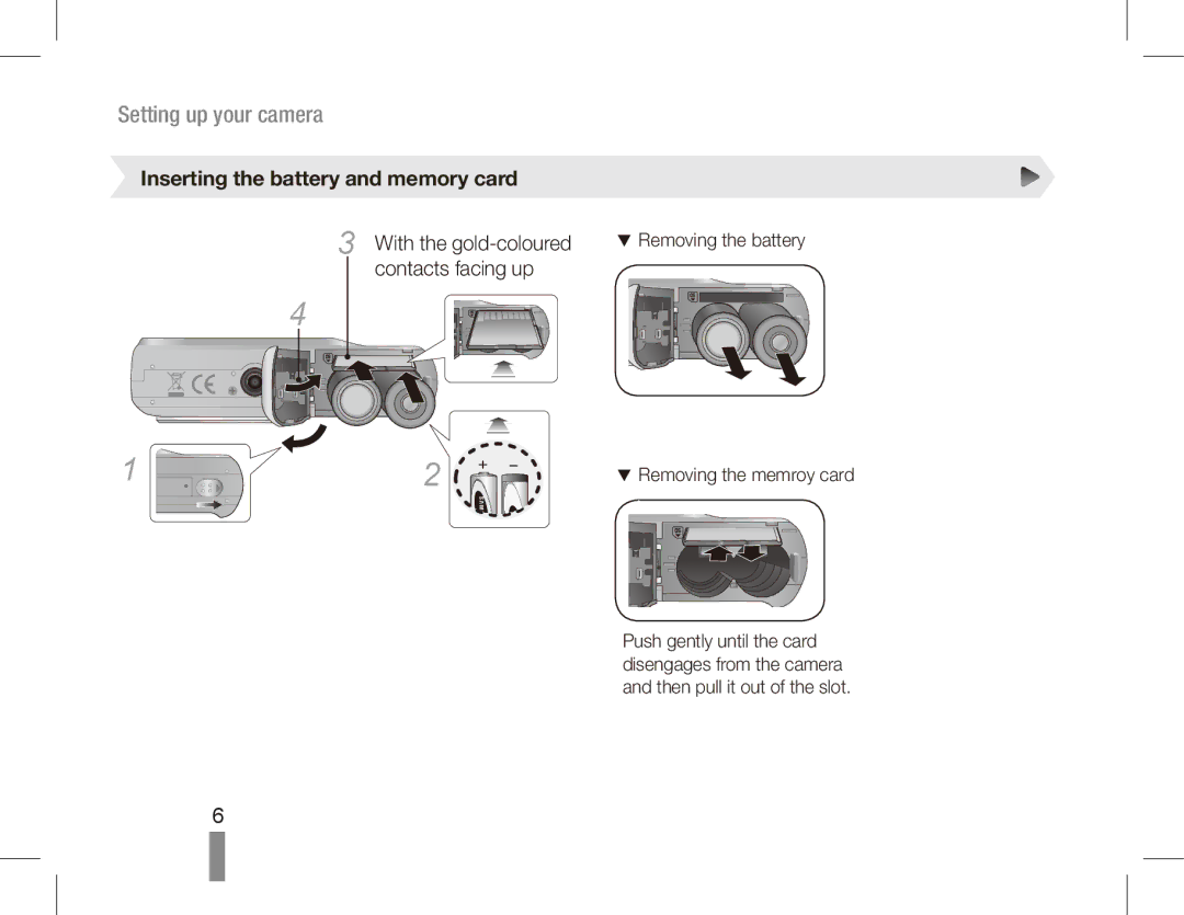 Samsung EC-ES10ZPBA/E1, EC-ES10ZBBA/FR Inserting the battery and memory card, With the gold-coloured, Contacts facing up 