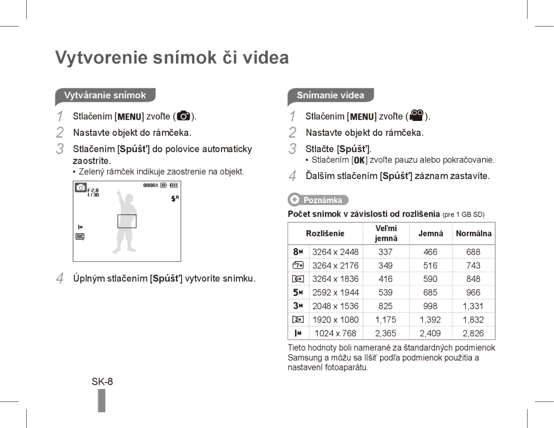 Samsung EC-ES10ZSBP/VN, EC-ES10ZBBA/FR, EC-ES10ZWBA/FR, EC-ES10ZPBA/FR manual Vytvorenie snímok či videa, SK-8, Snímanie videa 