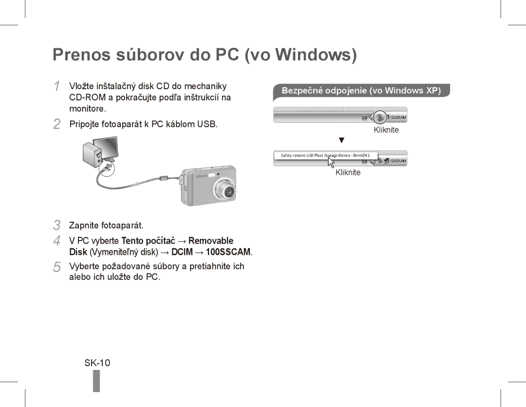 Samsung EC-ES10ZWBA/E3, EC-ES10ZBBA/FR manual Prenos súborov do PC vo Windows, SK-10, Bezpečné odpojenie vo Windows XP 