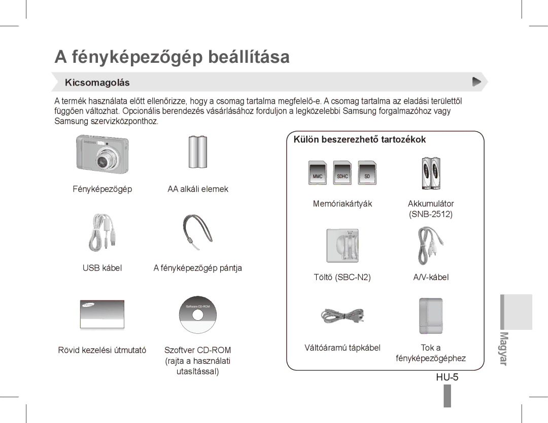 Samsung EC-ES10ZPBA/RU, EC-ES10ZBBA/FR manual Fényképezőgép beállítása, HU-5, Kicsomagolás, Külön beszerezhető tartozékok 