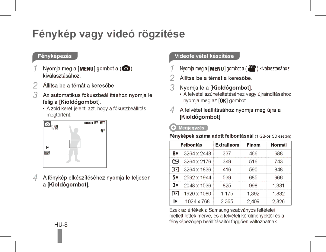 Samsung EC-ES10ZWBA/AR, EC-ES10ZBBA/FR Fénykép vagy videó rögzítése, HU-8, Félig a Kioldógombot, Videofelvétel készítése 