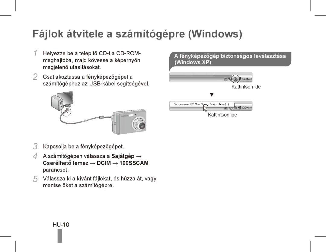 Samsung EC-ES10ZWBA/IL Fájlok átvitele a számítógépre Windows, HU-10, Fényképezőgép biztonságos leválasztása Windows XP 