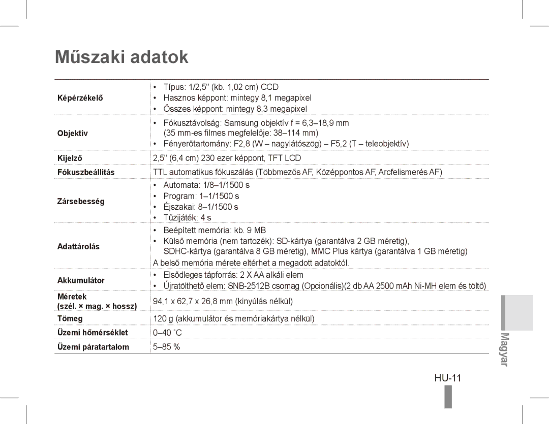 Samsung EC-ES10ZBBA/IL, EC-ES10ZBBA/FR, EC-ES10ZWBA/FR, EC-ES10ZPBA/FR, EC-ES10ZSBA/FR, EC-ES10ZSBA/IT Műszaki adatok, HU-11 