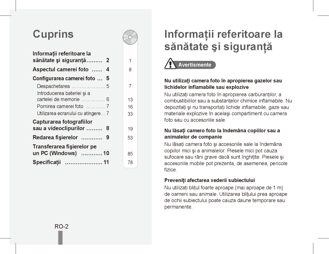 Samsung EC-ES10ZBBA/FR, EC-ES10ZWBA/FR, EC-ES10ZPBA/FR manual Cuprins, Informaţii referitoare la sănătate şi siguranţă, RO-2 