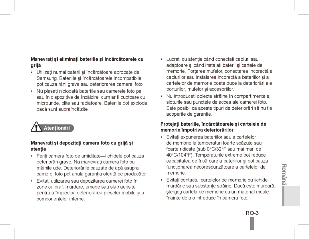 Samsung EC-ES10ZWBA/FR manual Română, RO-3, Manevraţi şi eliminaţi bateriile şi încărcătoarele cu grijă, Atenţionări 