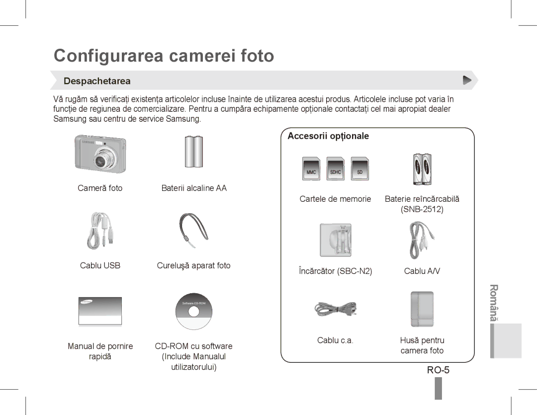 Samsung EC-ES10ZSBA/FR, EC-ES10ZBBA/FR, EC-ES10ZWBA/FR Configurarea camerei foto, RO-5, Despachetarea, Accesorii opţionale 