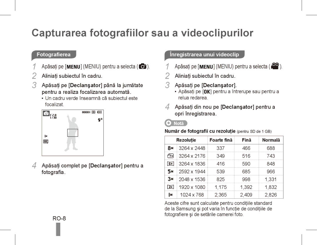 Samsung EC-ES10ZPBA/E1, EC-ES10ZBBA/FR, EC-ES10ZWBA/FR Capturarea fotografiilor sau a videoclipurilor, RO-8, Fotografierea 