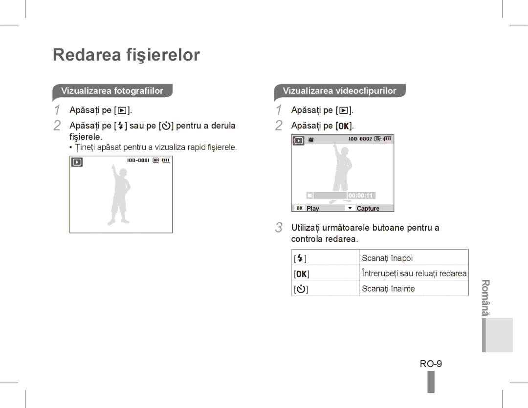 Samsung EC-ES10ZWBA/ZA Redarea fişierelor, RO-9, Apăsaţi pe Sau pe pentru a derula Fişierele, Vizualizarea videoclipurilor 