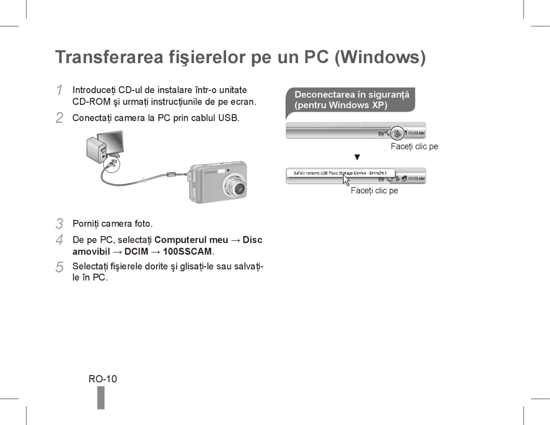 Samsung EC-ES10ZSBA/ZA, EC-ES10ZBBA/FR manual Transferarea fişierelor pe un PC Windows, RO-10, Amovibil → Dcim → 100SSCAM 