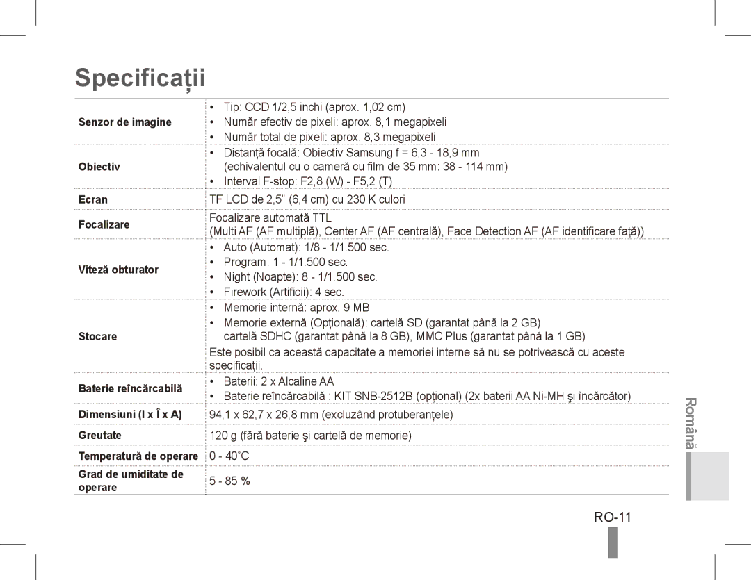 Samsung EC-ES10ZWBA/ES, EC-ES10ZBBA/FR manual Specificaţii, RO-11, Senzor de imagine, Obiectiv, Grad de umiditate de operare 