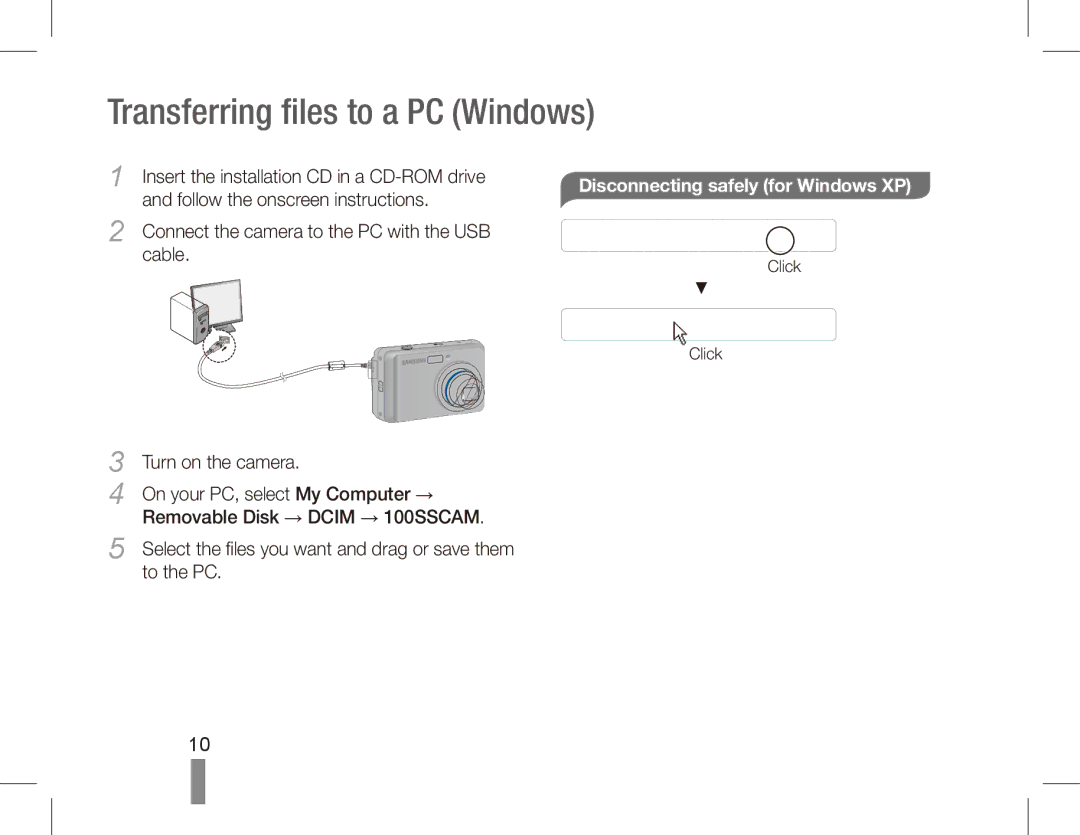 Samsung EC-ES10ZBBA/E3 manual Disconnecting safely for Windows XP, Connect the camera to the PC with the USB Cable 