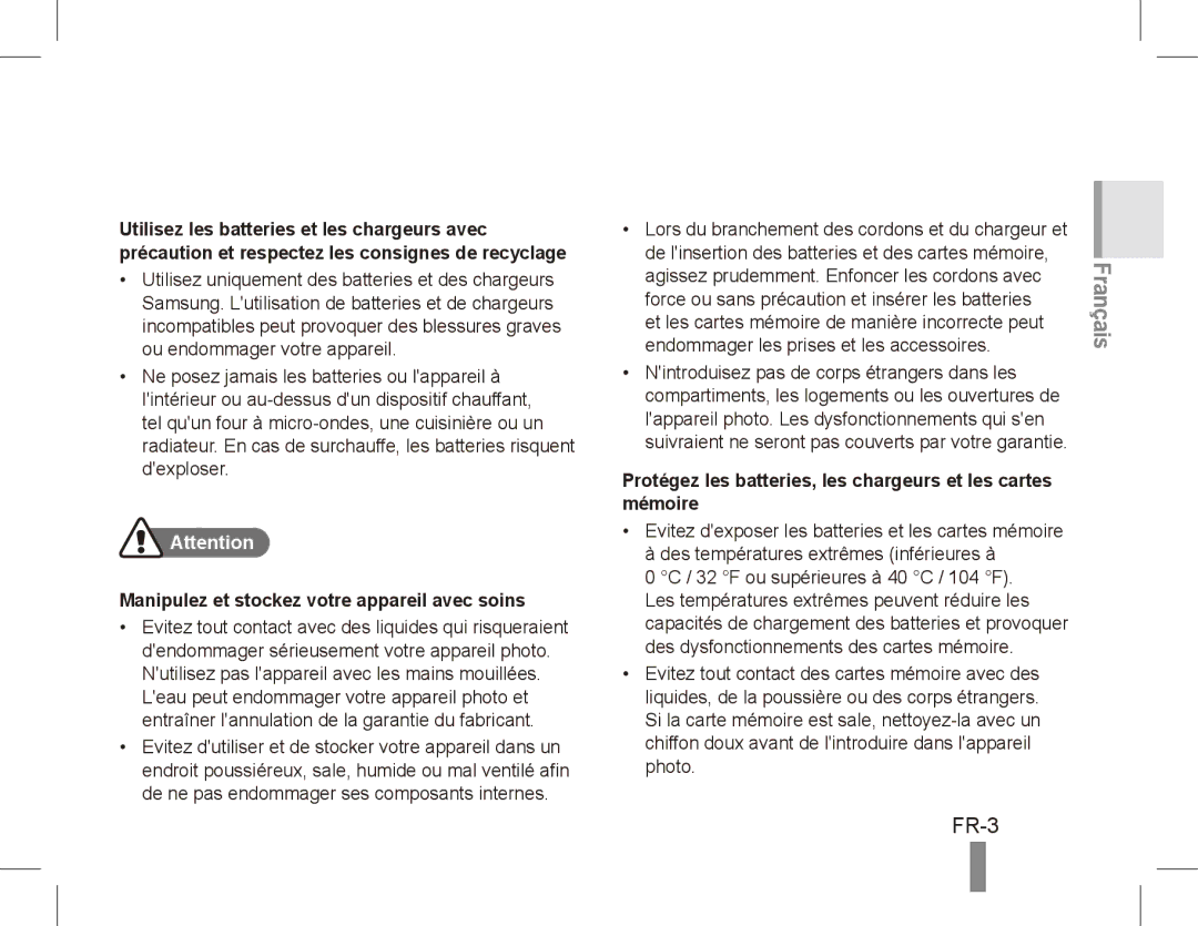 Samsung EC-ES10ZSBA/ES, EC-ES10ZBBA/FR, EC-ES10ZWBA/FR, EC-ES10ZPBA/FR FR-3, Manipulez et stockez votre appareil avec soins 