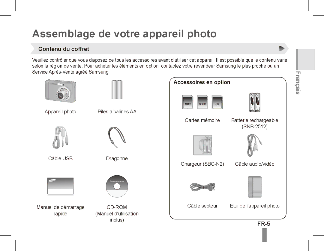 Samsung EC-ES10ZBBA/ZA, EC-ES10ZBBA/FR Assemblage de votre appareil photo, FR-5, Contenu du coffret, Accessoires en option 