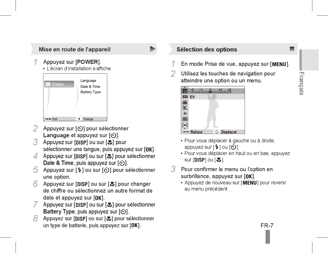 Samsung EC-ES10ZPBA/SA, EC-ES10ZBBA/FR, EC-ES10ZWBA/FR, EC-ES10ZPBA/FR, EC-ES10ZSBA/FR manual FR-7, Mise en route de lappareil 