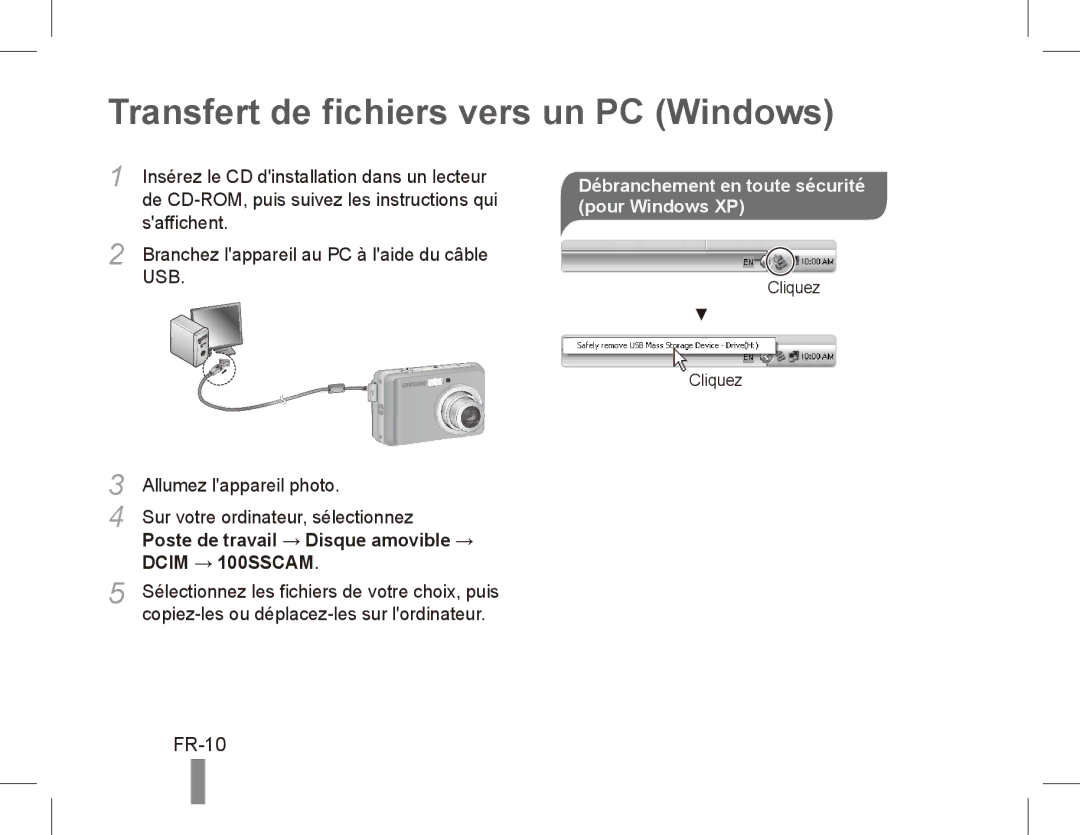 Samsung EC-ES10ZWDA/AE manual Transfert de fichiers vers un PC Windows, FR-10, Saffichent, Allumez lappareil photo 