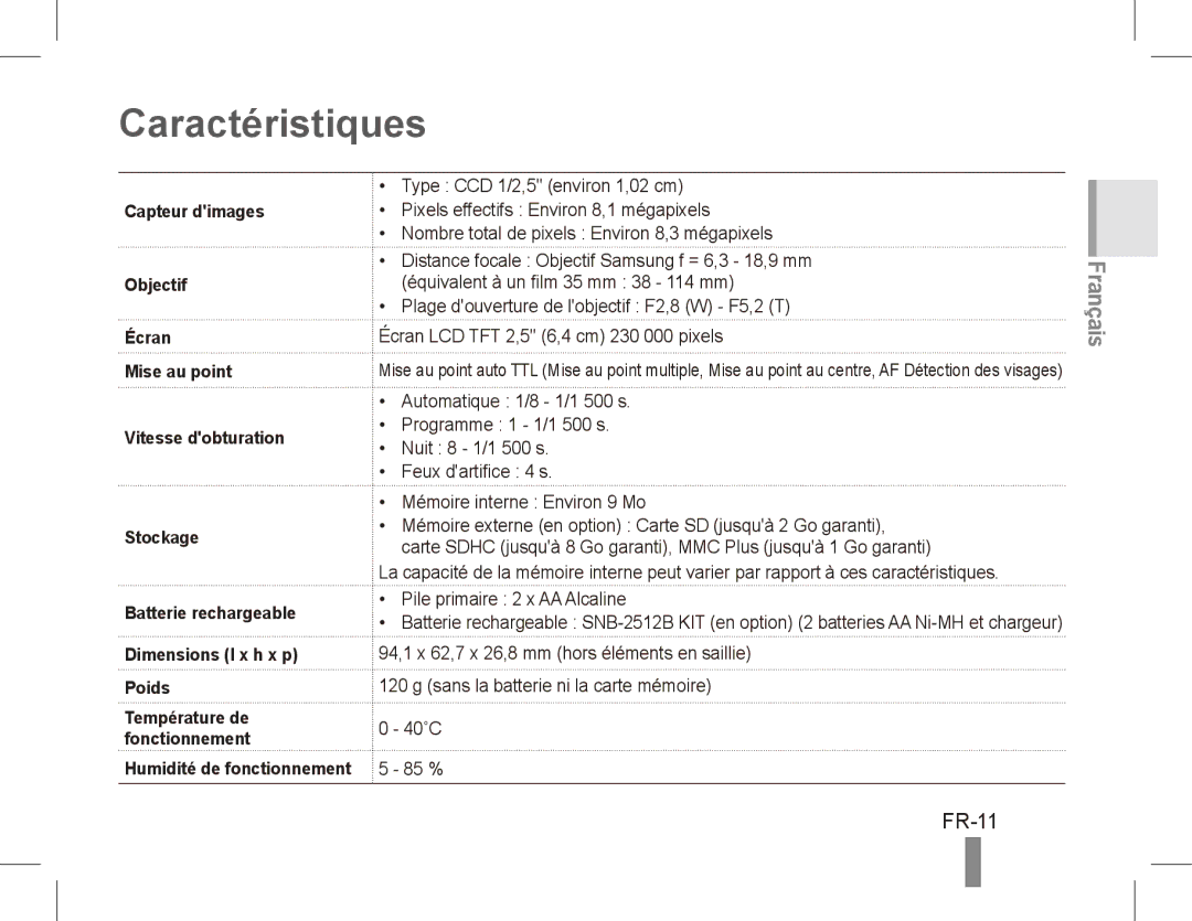 Samsung EC-ES10ZPDA/AE, EC-ES10ZBBA/FR, EC-ES10ZWBA/FR, EC-ES10ZPBA/FR, EC-ES10ZSBA/FR, EC-ES10ZSBA/IT Caractéristiques, FR-11 