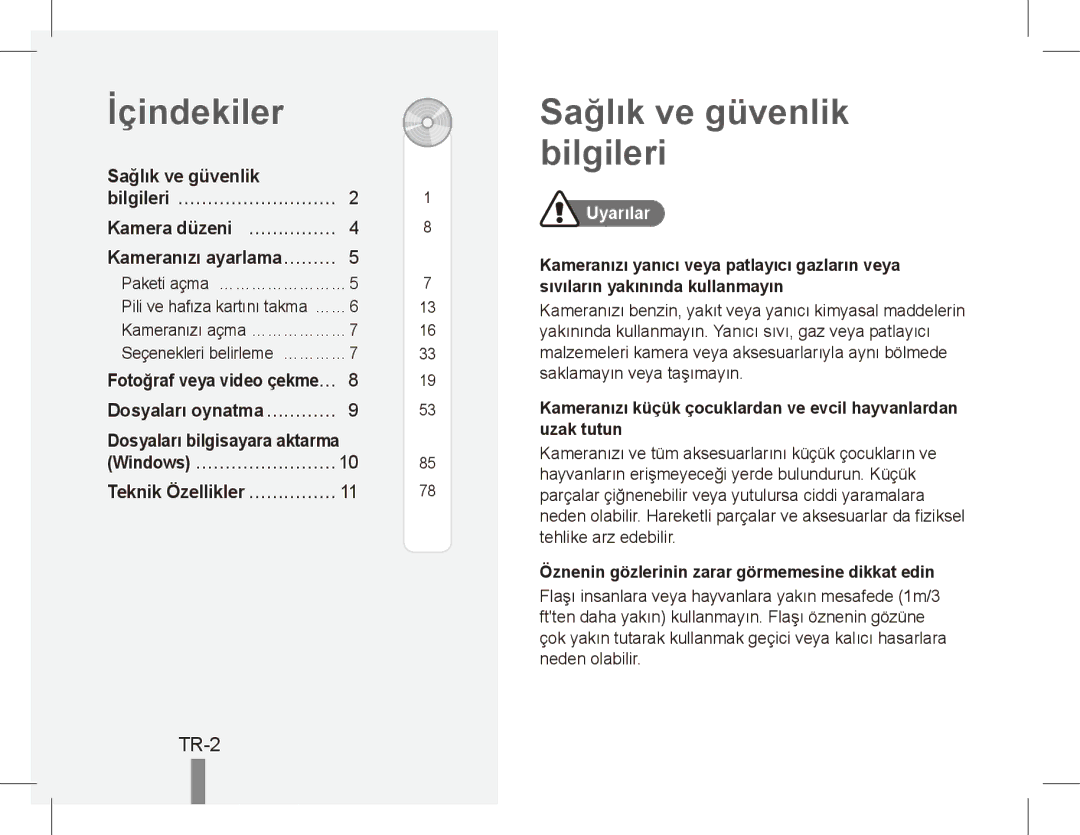 Samsung EC-ES10ZBDA/AE, EC-ES10ZBBA/FR manual İçindekiler, Sağlık ve güvenlik bilgileri, TR-2, Dosyaları bilgisayara aktarma 