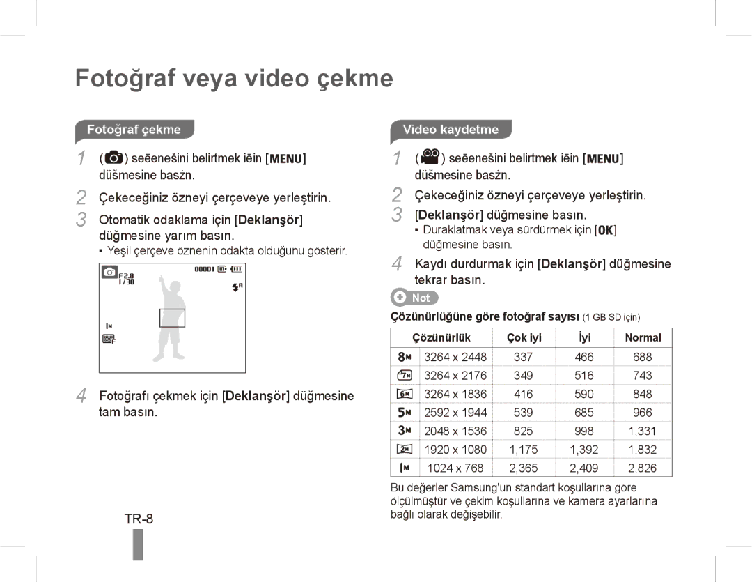 Samsung EC-ES10ZSBA/E3, EC-ES10ZBBA/FR, EC-ES10ZWBA/FR, EC-ES10ZPBA/FR manual Fotoğraf veya video çekme, TR-8, Video kaydetme 