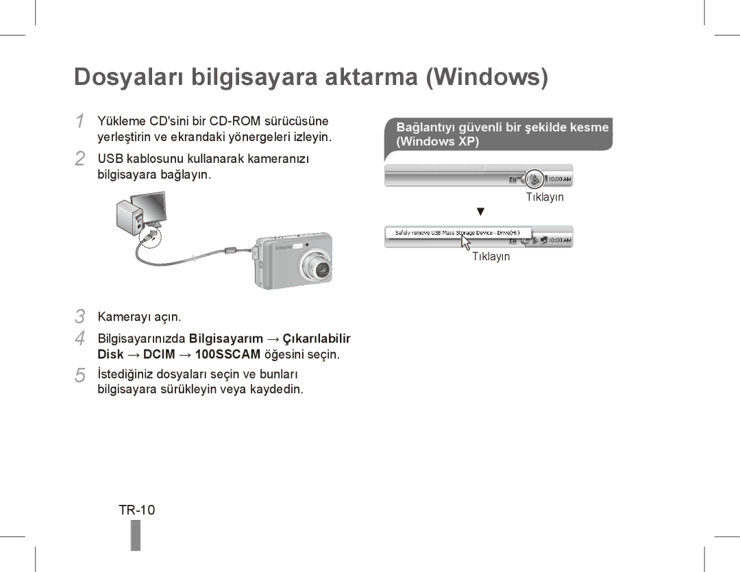 Samsung EC-ES10ZBBA/RU manual Dosyaları bilgisayara aktarma Windows, TR-10, Bağlantıyı güvenli bir şekilde kesme Windows XP 