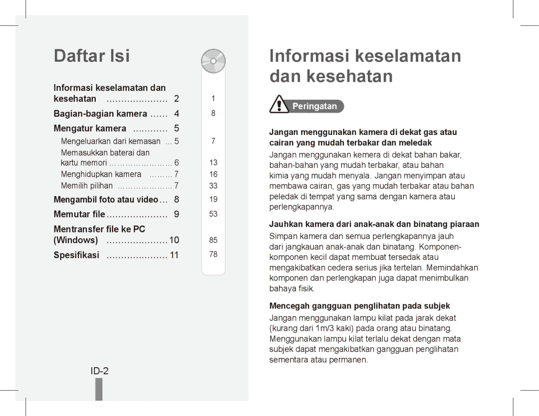 Samsung EC-ES10ZWBA/FR, EC-ES10ZBBA/FR manual Daftar Isi, Informasi keselamatan dan kesehatan, ID-2, Mentransfer file ke PC 