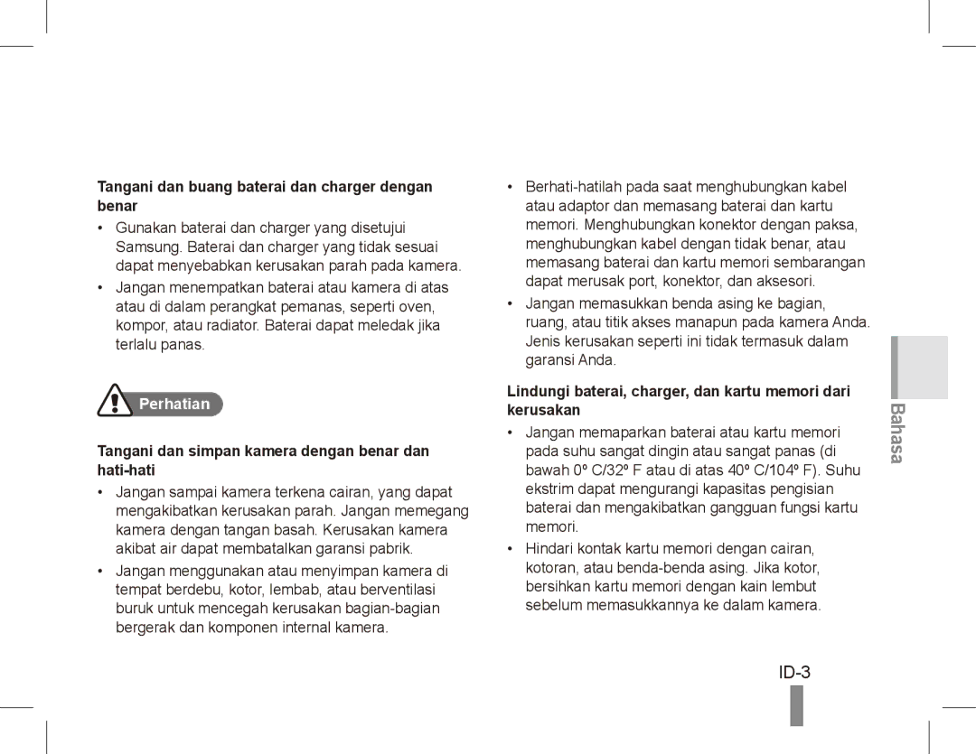 Samsung EC-ES10ZPBA/FR, EC-ES10ZBBA/FR, EC-ES10ZWBA/FR ID-3, Tangani dan buang baterai dan charger dengan benar, Perhatian 