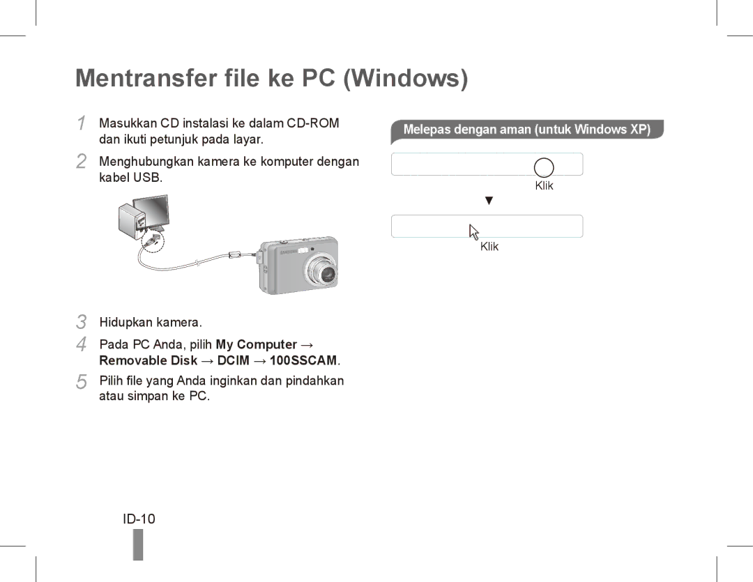 Samsung EC-ES10ZWBA/ES, EC-ES10ZBBA/FR manual Mentransfer file ke PC Windows, ID-10, Melepas dengan aman untuk Windows XP 