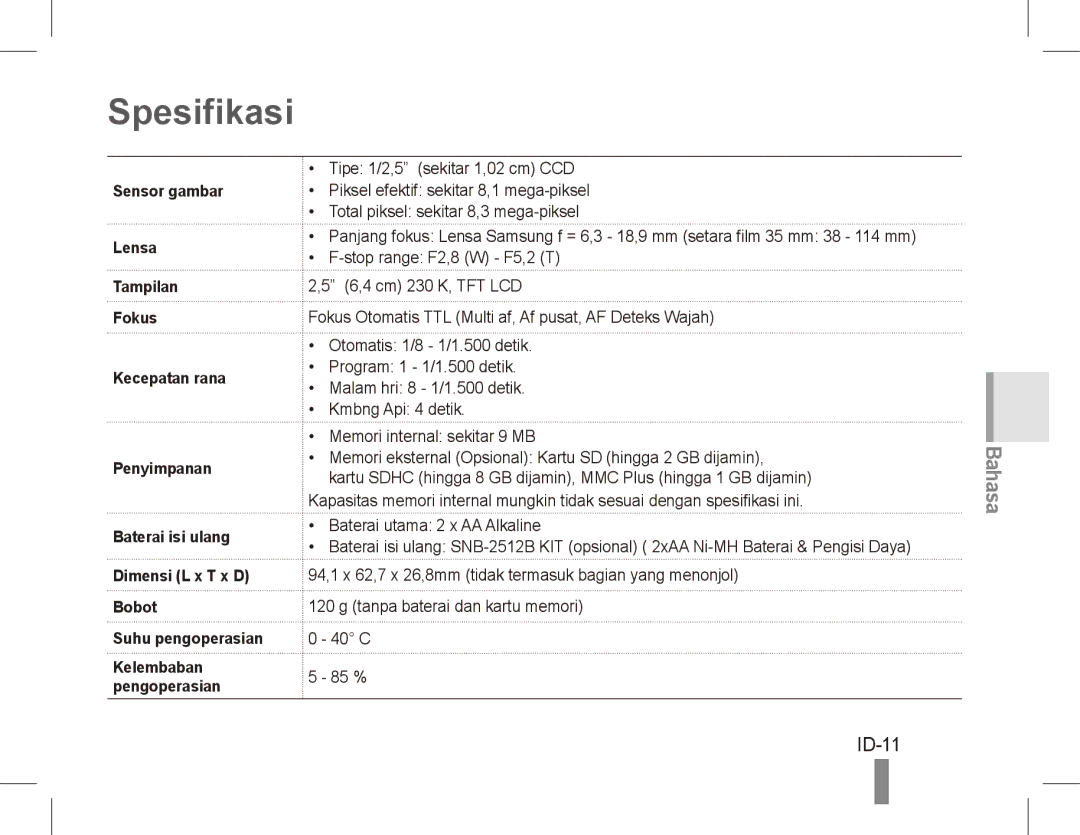 Samsung EC-ES10ZBBA/E3, EC-ES10ZBBA/FR, EC-ES10ZWBA/FR, EC-ES10ZPBA/FR, EC-ES10ZSBA/FR, EC-ES10ZSBA/IT manual Spesifikasi, ID-11 