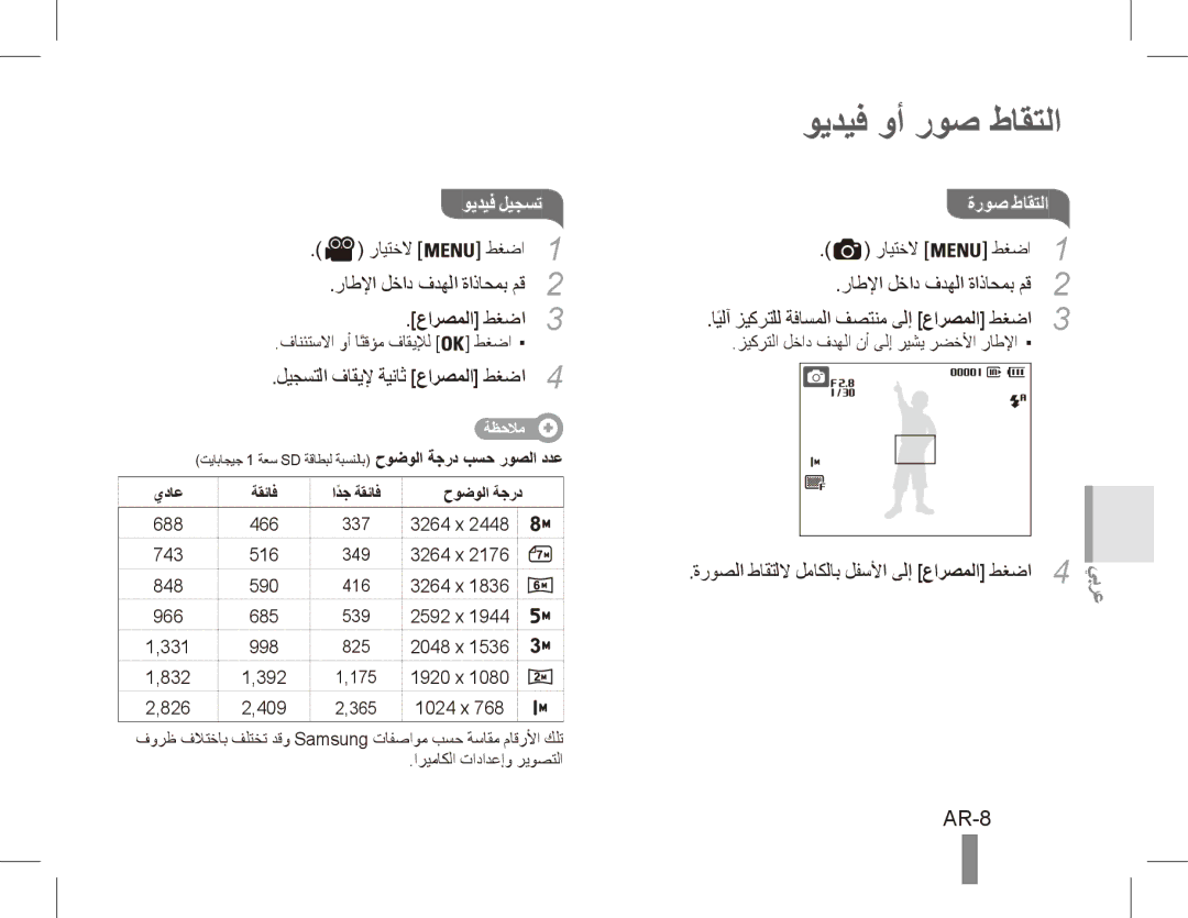 Samsung EC-ES10ZSBA/SA, EC-ES10ZBBA/FR, EC-ES10ZWBA/FR, EC-ES10ZPBA/FR, EC-ES10ZSBA/FR manual ويديف وأ روص طاقتلا, AR-8 