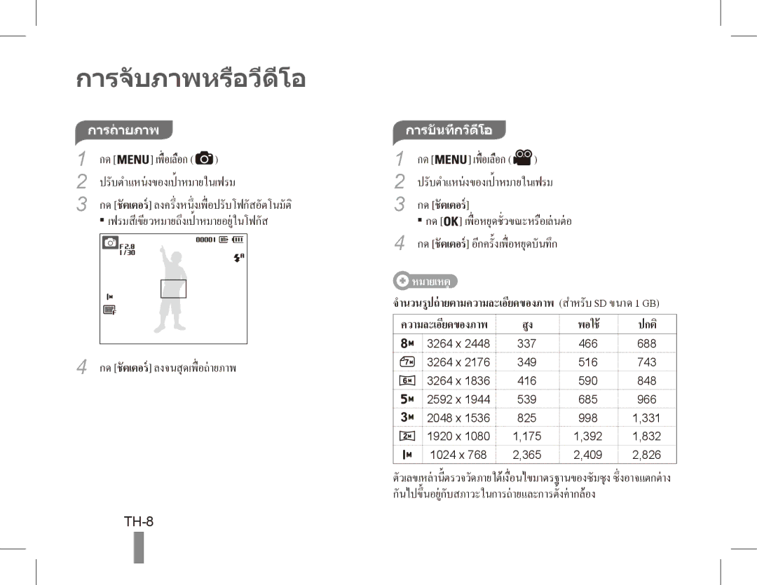 Samsung EC-ES10ZSBP/VN, EC-ES10ZBBA/FR, EC-ES10ZWBA/FR, EC-ES10ZPBA/FR manual TH-8, การถายภาพ, การบันทึกวิดีโอ, กด ชั ตเตอร 