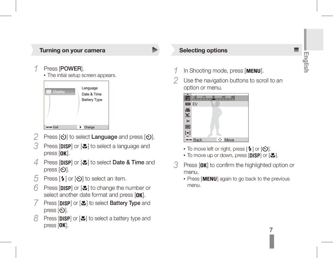 Samsung EC-ES10ZWBA/ZA, EC-ES10ZBBA/FR, EC-ES10ZWBA/FR, EC-ES10ZPBA/FR manual Turning on your camera, Selecting options 