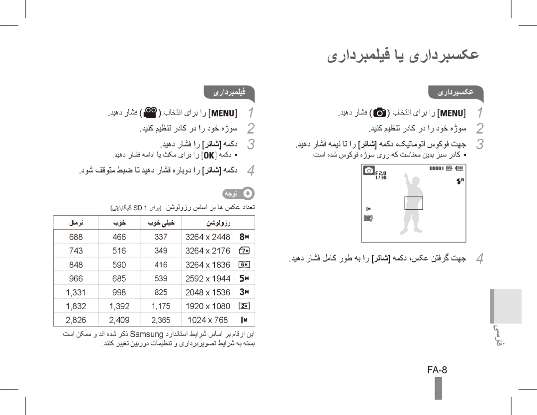 Samsung EC-ES10ZPBA/IL, EC-ES10ZBBA/FR, EC-ES10ZWBA/FR, EC-ES10ZPBA/FR, EC-ES10ZSBA/FR manual یرادربملیف ای یرادربسکع, FA-8 