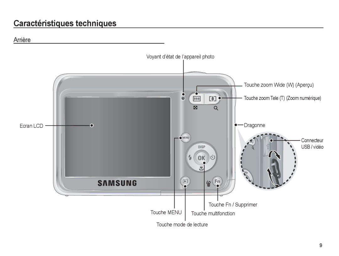 Samsung EC-ES10ZPBA/FR manual Arrière, Ecran LCD Voyant d’état de l’appareil photo, Dragonne Connecteur USB / vidéo 