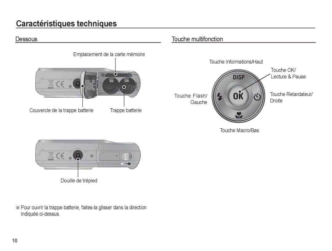 Samsung EC-ES10ZSBA/FR, EC-ES10ZBBA/FR manual Dessous Touche multifonction, Gauche Droite Couvercle de la trappe batterie 